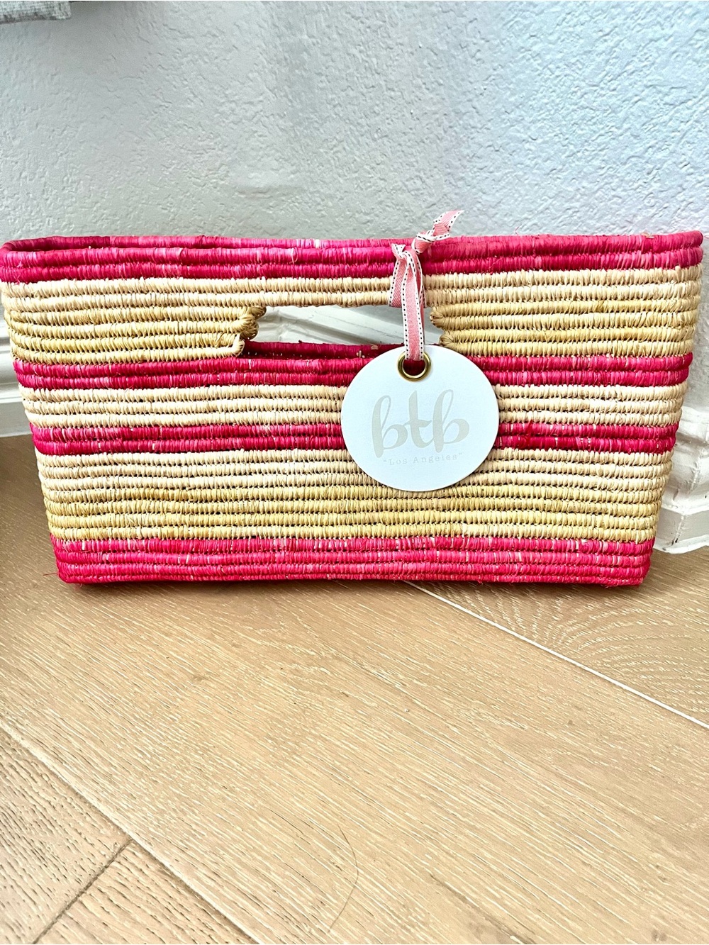 BTB Los Angeles Straw Clutch with Hot Pink Stripes